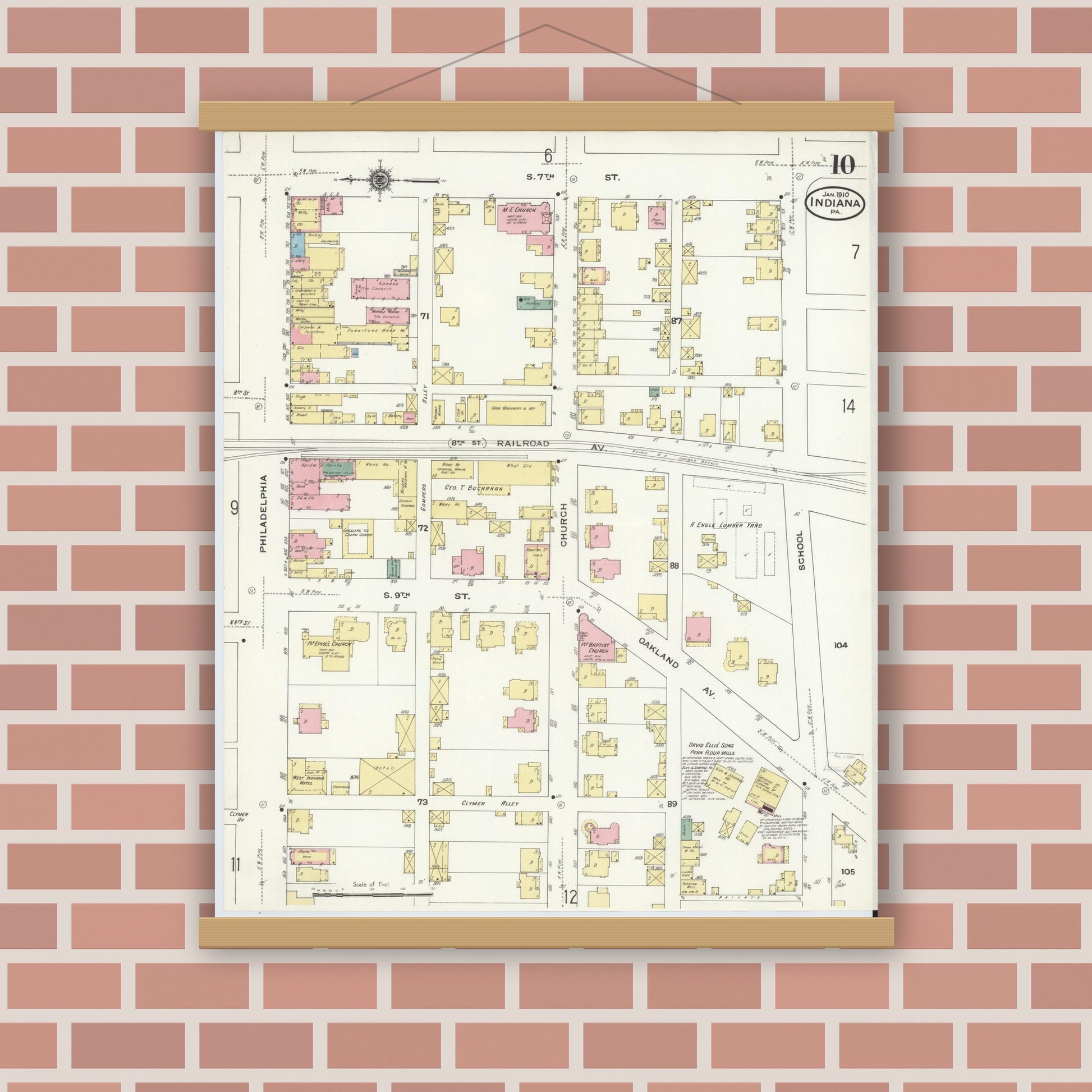Old map wall art mockup — magnetic wood frame on brick wall — Sanborn Fire Insurance Map from Indiana, Indiana County, Pennsylvania (1910), Sheet #0010