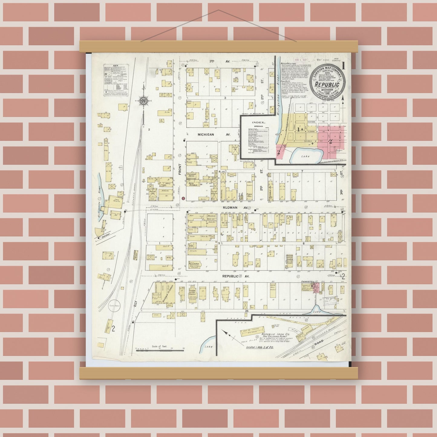 Old map wall art mockup — magnetic wood frame on brick wall — Sanborn Fire Insurance Map from Republic, Marquette County, Michigan (1912) - Complete Map Set