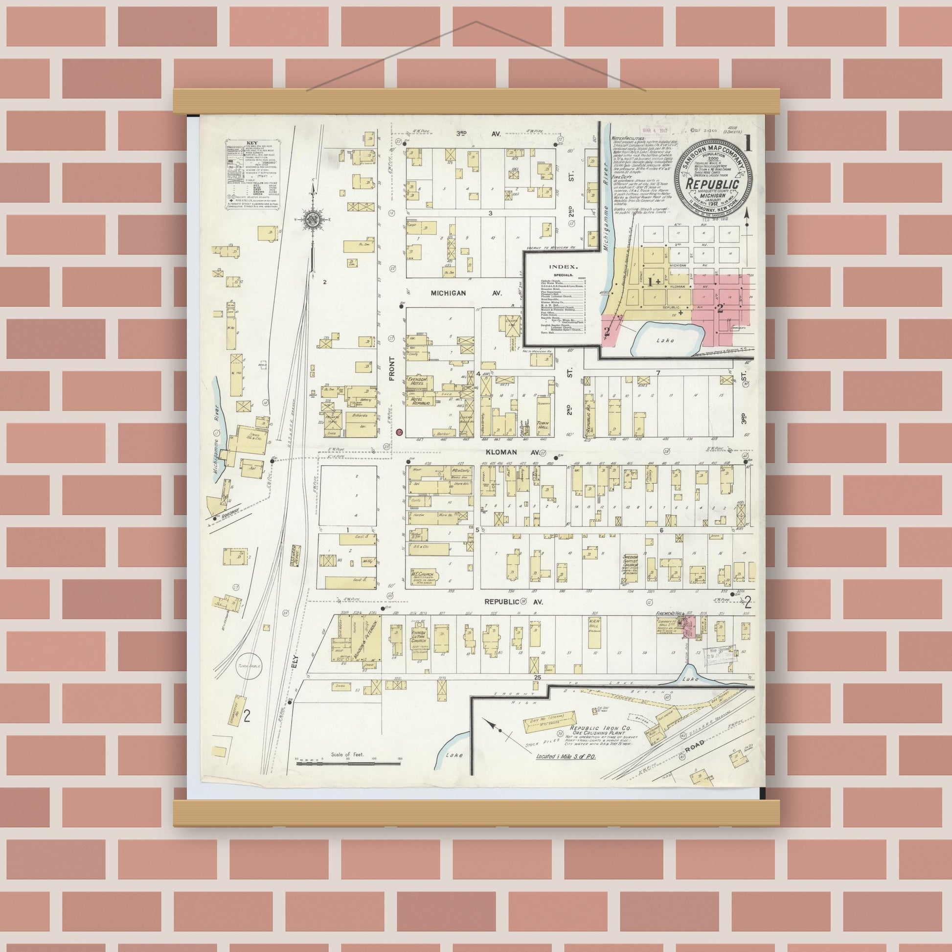 Old map wall art mockup — magnetic wood frame on brick wall — Sanborn Fire Insurance Map from Republic, Marquette County, Michigan (1912) - Complete Map Set