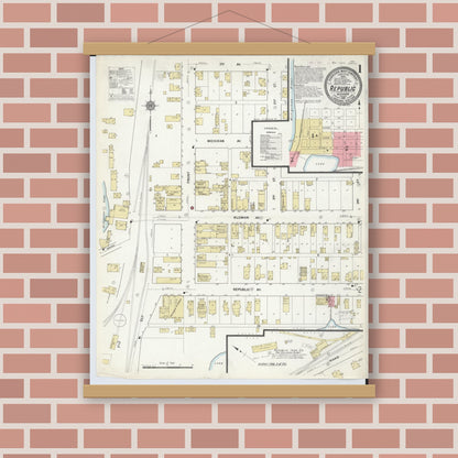 Old map wall art mockup — magnetic wood frame on brick wall — Sanborn Fire Insurance Map from Republic, Marquette County, Michigan (1912) - Complete Map Set