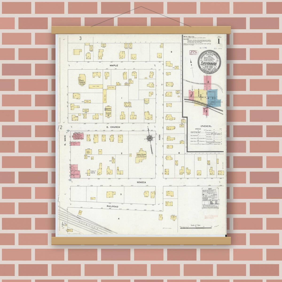 Old map wall art mockup — magnetic wood frame on brick wall — Sanborn Fire Insurance Map from Savannah, Wayne County, New York (1910), Sheet #0001