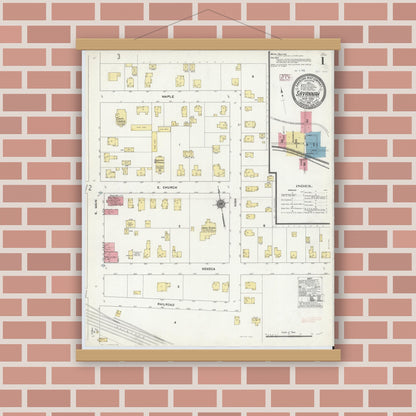 Old map wall art mockup — magnetic wood frame on brick wall — Sanborn Fire Insurance Map from Savannah, Wayne County, New York (1910), Sheet #0001