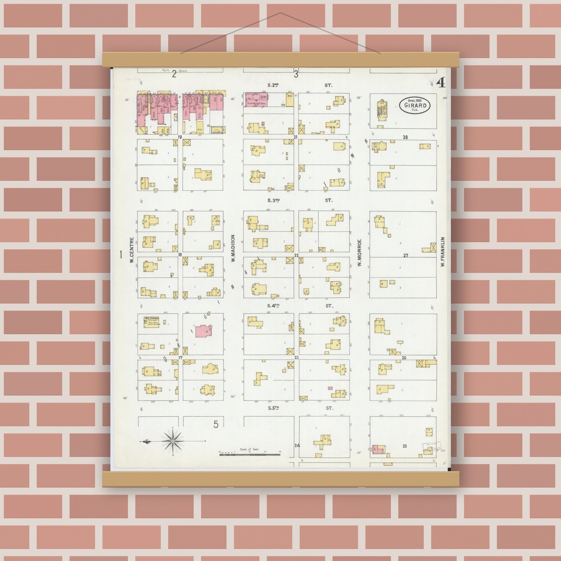 Old map wall art mockup — magnetic wood frame on brick wall — Sanborn Fire Insurance Map from Girard, Macoupin County, Illinois (1900), Sheet #0004