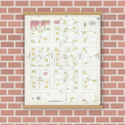 Old map wall art mockup — magnetic wood frame on brick wall — Sanborn Fire Insurance Map from Girard, Macoupin County, Illinois (1900), Sheet #0004