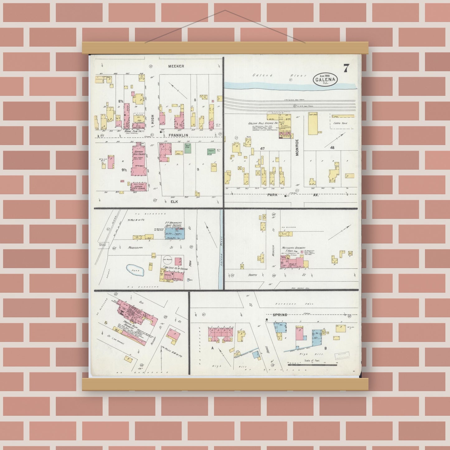 Old map wall art mockup — magnetic wood frame on brick wall — Sanborn Fire Insurance Map from Galena, Jo Daviess County, Illinois (1898), Sheet #0007