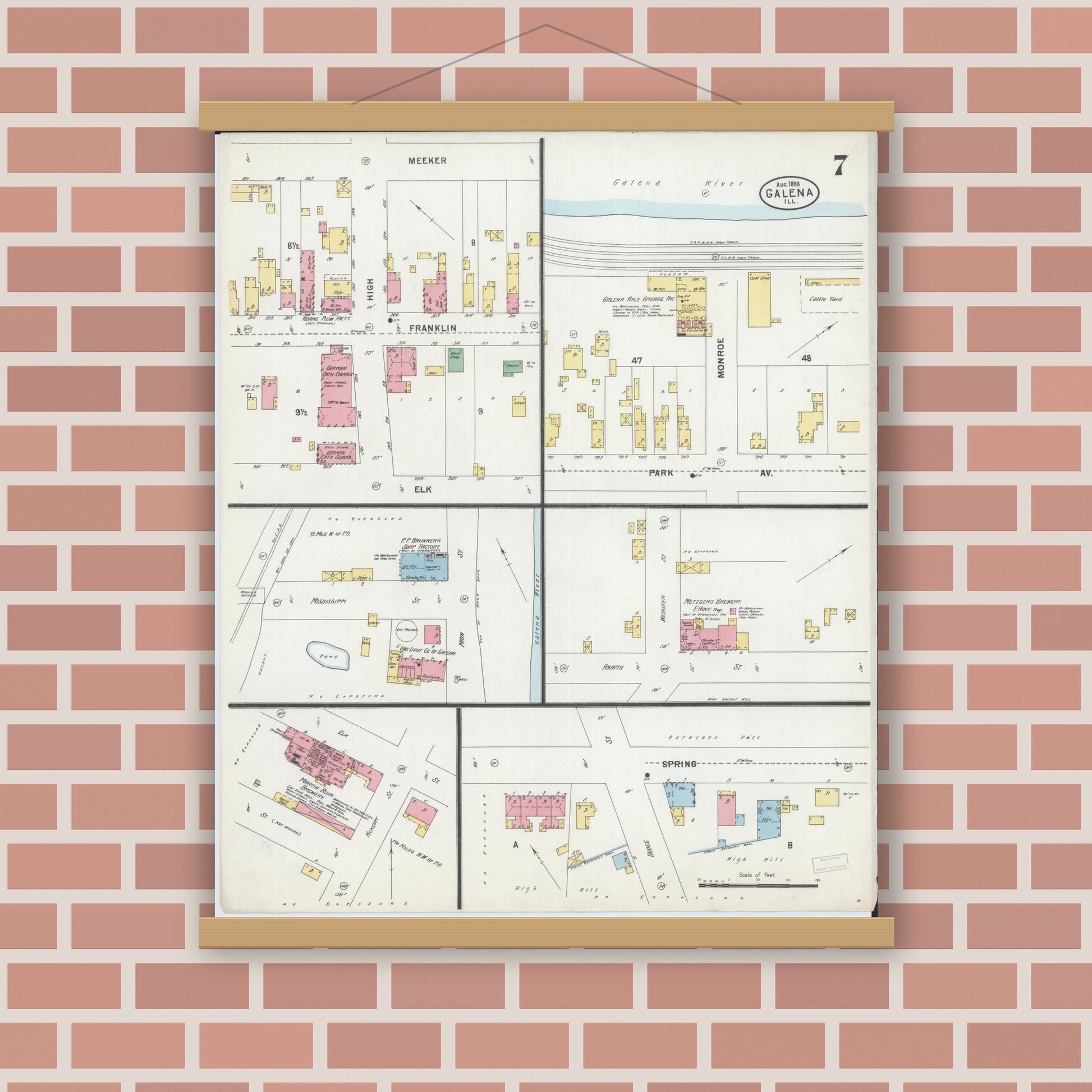 Old map wall art mockup — magnetic wood frame on brick wall — Sanborn Fire Insurance Map from Galena, Jo Daviess County, Illinois (1898), Sheet #0007