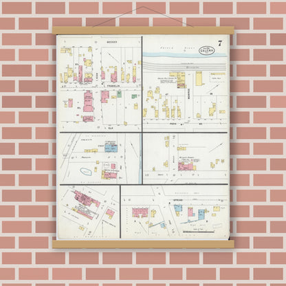 Old map wall art mockup — magnetic wood frame on brick wall — Sanborn Fire Insurance Map from Galena, Jo Daviess County, Illinois (1898), Sheet #0007