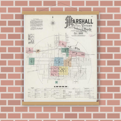 Old map wall art mockup — magnetic wood frame on brick wall — Sanborn Fire Insurance Map from Marshall, Harrison County, Texas (1889), Sheet #0001