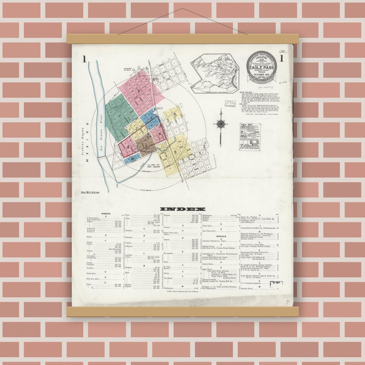 Old map wall art mockup — magnetic wood frame on brick wall — Sanborn Fire Insurance Map from Eagle Pass, Maverick County, Texas (1924) - Complete Map Set