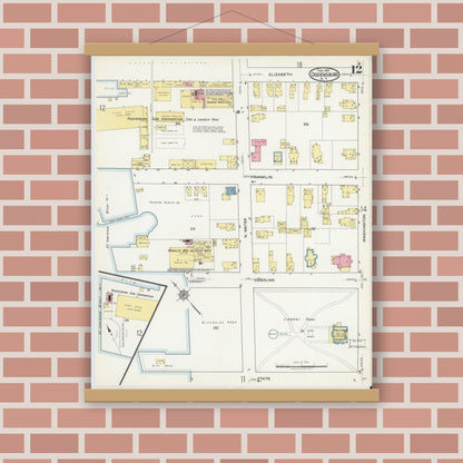 Old map wall art mockup — magnetic wood frame on brick wall — Sanborn Fire Insurance Map from Ogdensburg, St. Lawrence County, New York (1918), Sheet #0012