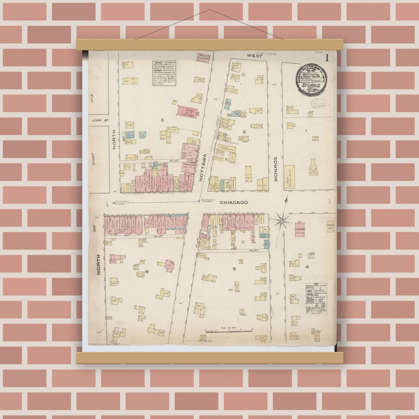 Old map wall art mockup — magnetic wood frame on brick wall — Sanborn Fire Insurance Map from Sturgis, Saint Joseph County, Michigan (1884), Sheet #0001