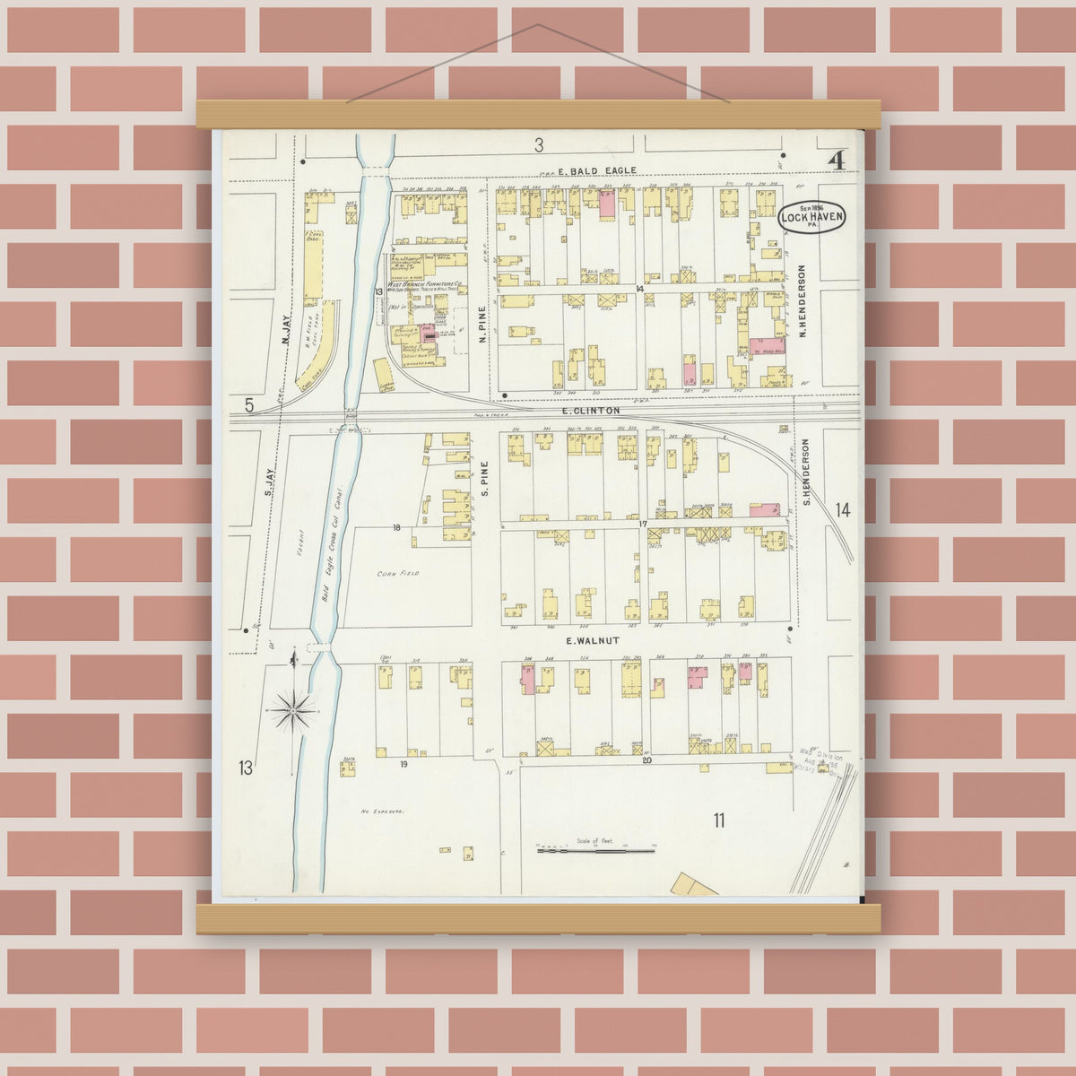 Old map wall art mockup — magnetic wood frame on brick wall — Sanborn Fire Insurance Map from Lock Haven, Clinton County, Pennsylvania (1896), Sheet #0004