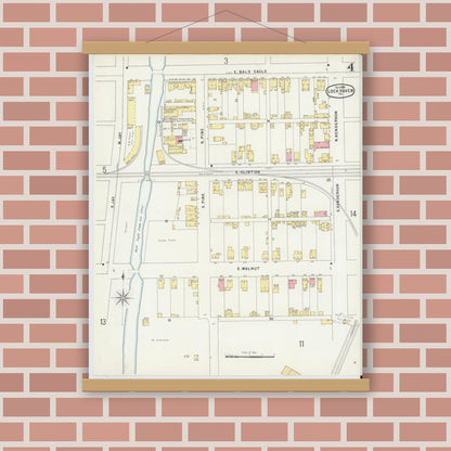 Old map wall art mockup — magnetic wood frame on brick wall — Sanborn Fire Insurance Map from Lock Haven, Clinton County, Pennsylvania (1896), Sheet #0004