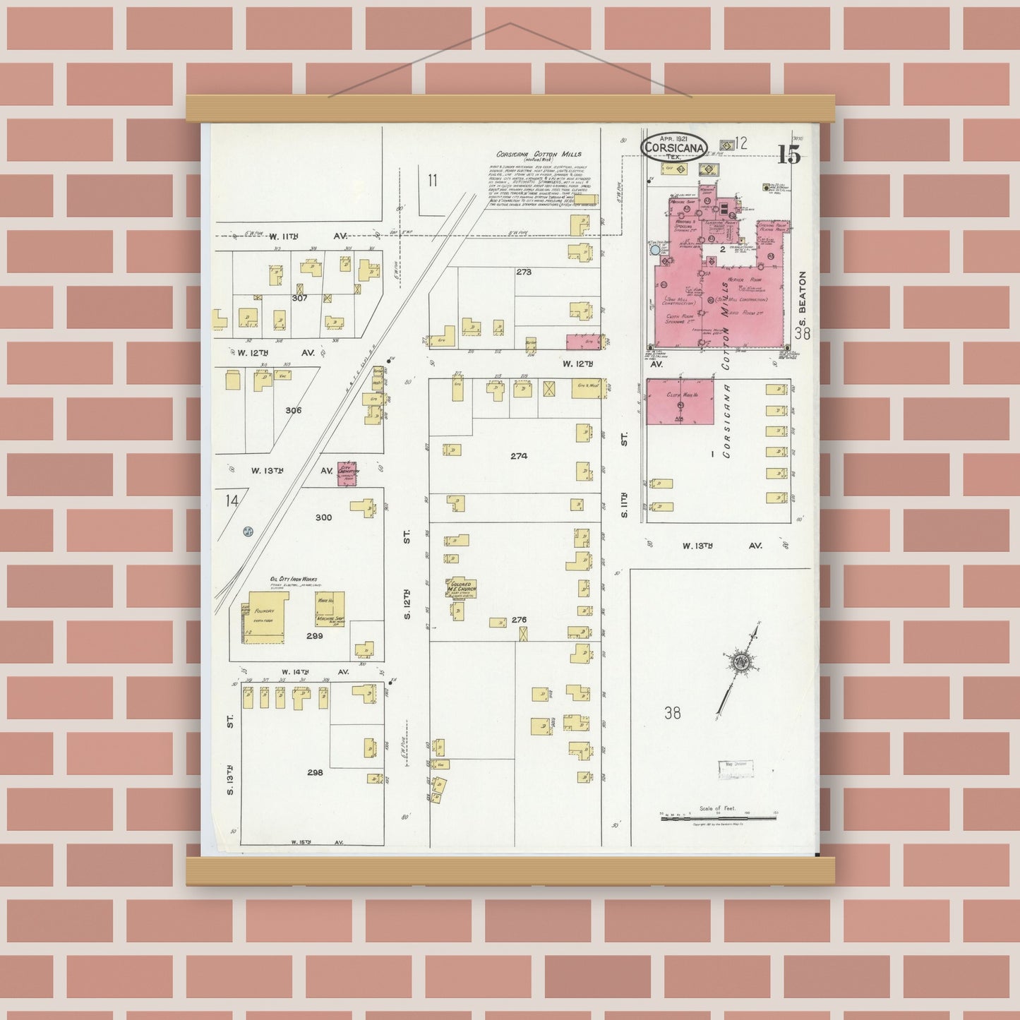 Old map wall art mockup — magnetic wood frame on brick wall — Sanborn Fire Insurance Map from Corsicana, Navarro County, Texas (1921), Sheet #0015