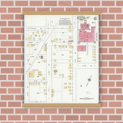 Old map wall art mockup — magnetic wood frame on brick wall — Sanborn Fire Insurance Map from Corsicana, Navarro County, Texas (1921), Sheet #0015