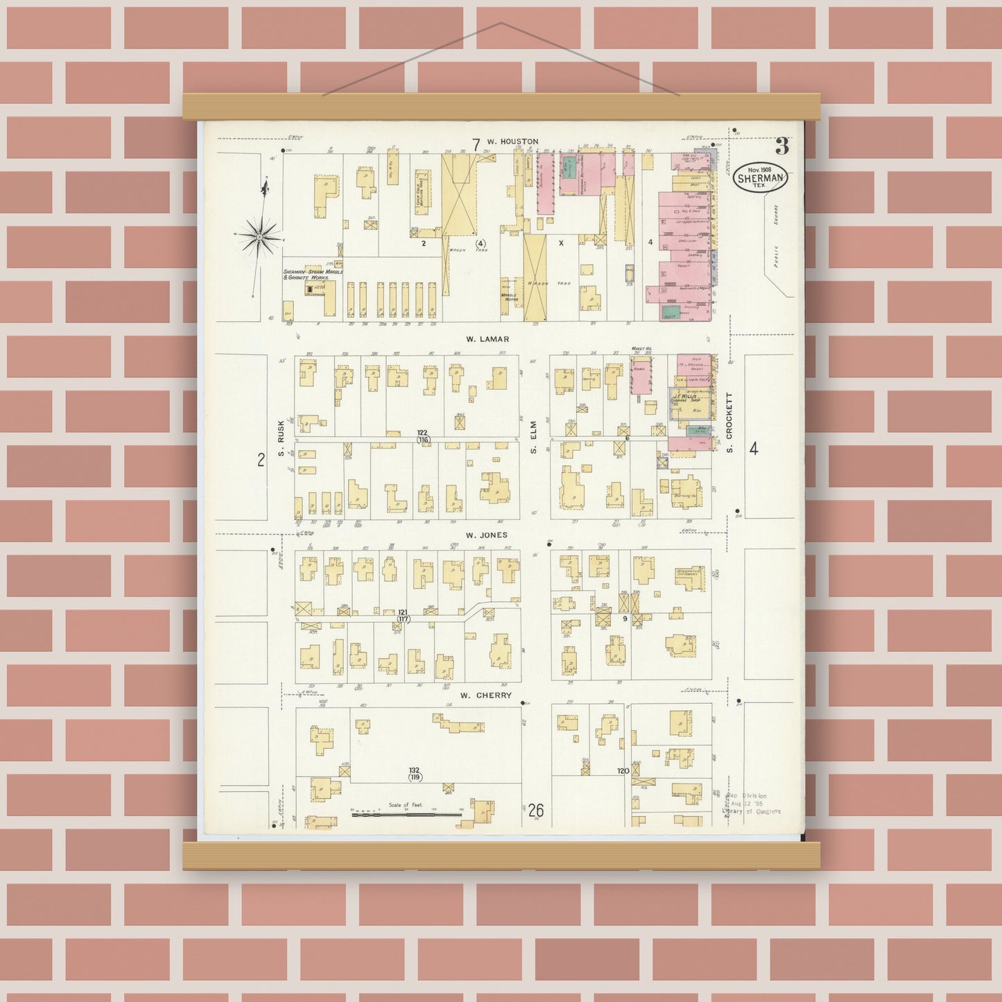 Old map wall art mockup — magnetic wood frame on brick wall — Sanborn Fire Insurance Map from Sherman, Grayson County, Texas (1908), Sheet #0003