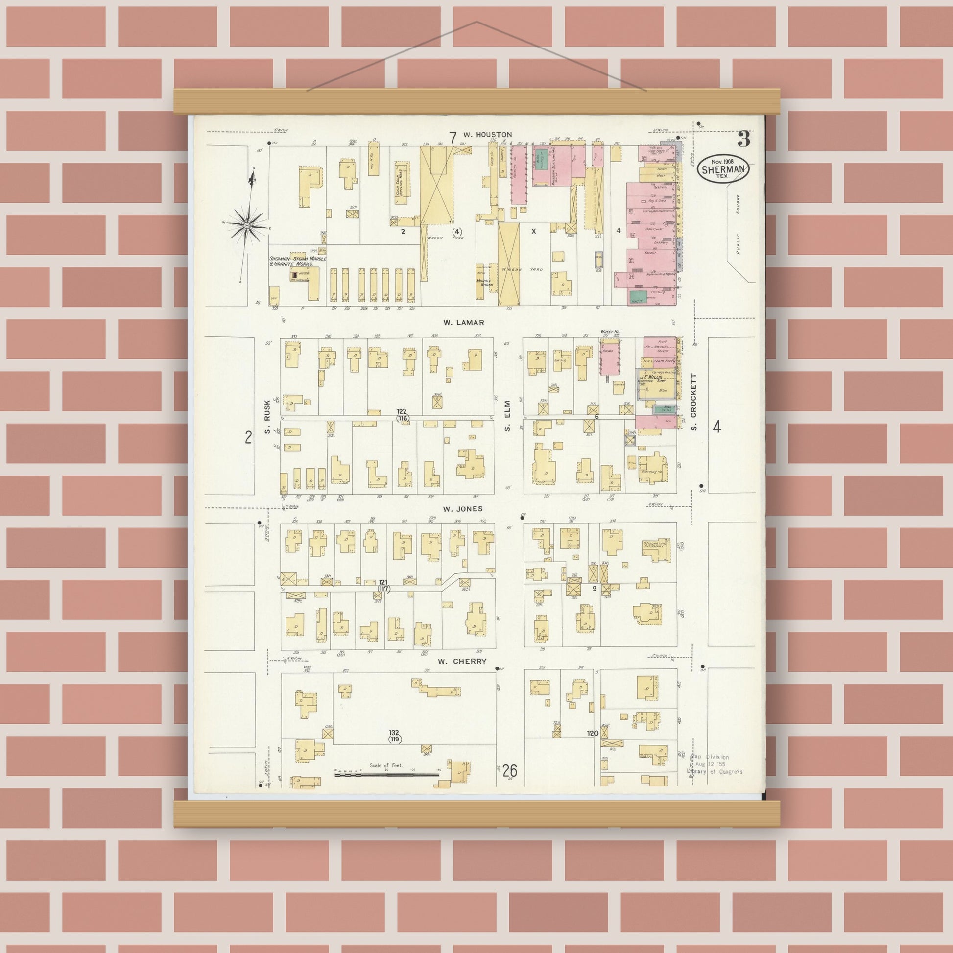 Old map wall art mockup — magnetic wood frame on brick wall — Sanborn Fire Insurance Map from Sherman, Grayson County, Texas (1908), Sheet #0003