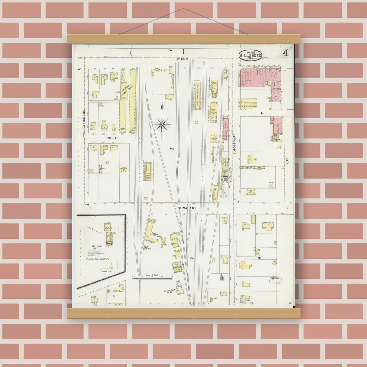 Old map wall art mockup — magnetic wood frame on brick wall — Sanborn Fire Insurance Map from Hillsboro, Hill County, Texas (1896), Sheet #0004