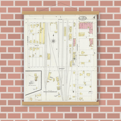 Old map wall art mockup — magnetic wood frame on brick wall — Sanborn Fire Insurance Map from Hillsboro, Hill County, Texas (1896), Sheet #0004