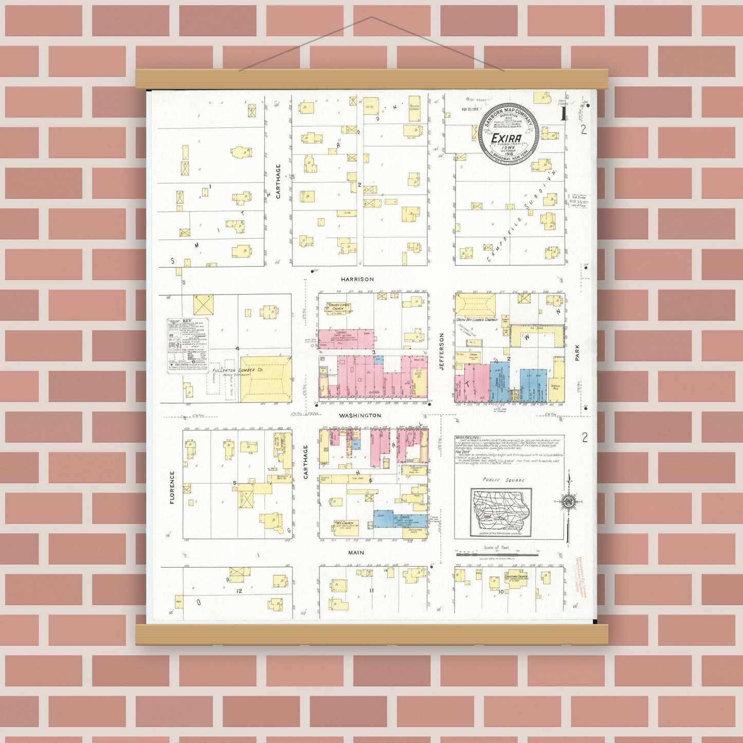 Old map wall art mockup — magnetic wood frame on brick wall — Sanborn Fire Insurance Map from Exira, Audubon County, Iowa (1918), Sheet #0001
