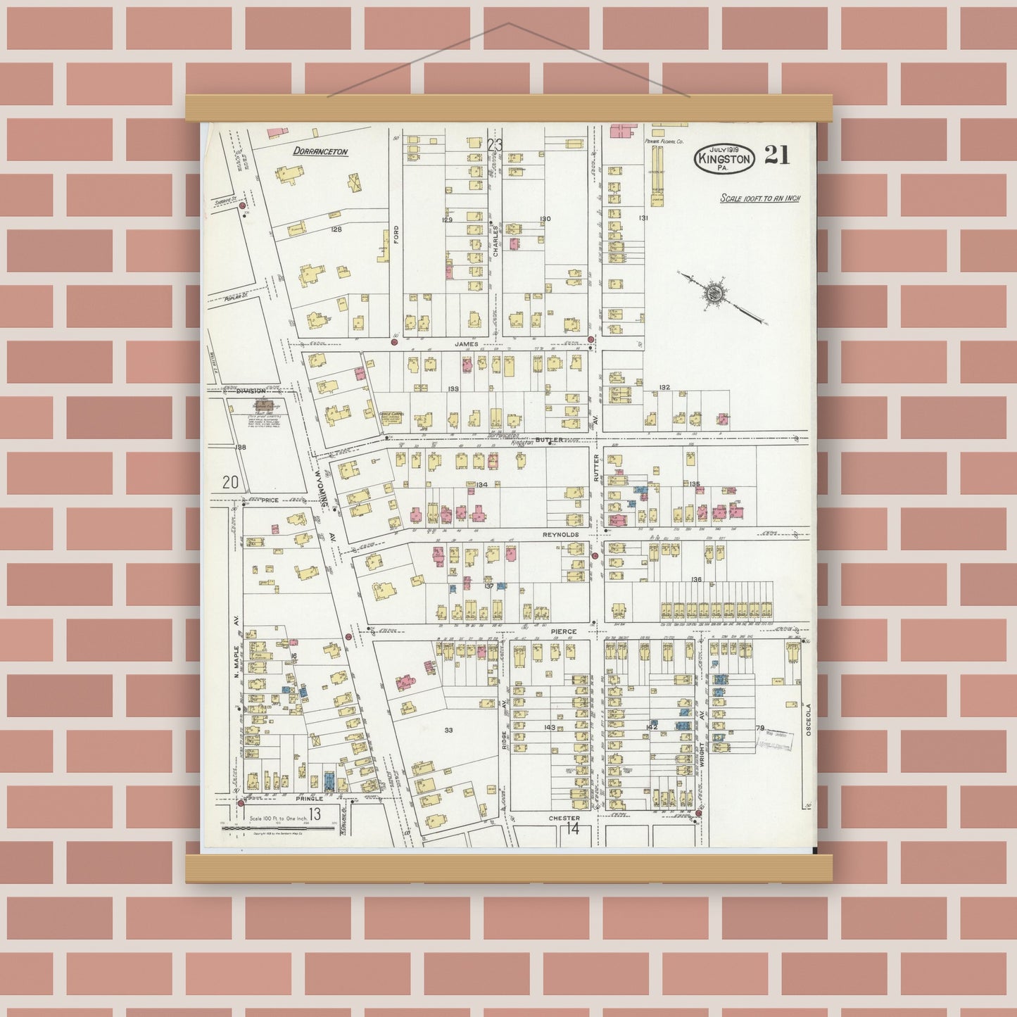 Old map wall art mockup — magnetic wood frame on brick wall — Sanborn Fire Insurance Map from Kingston, Luzerne County, Pennsylvania (1919), Sheet #0021