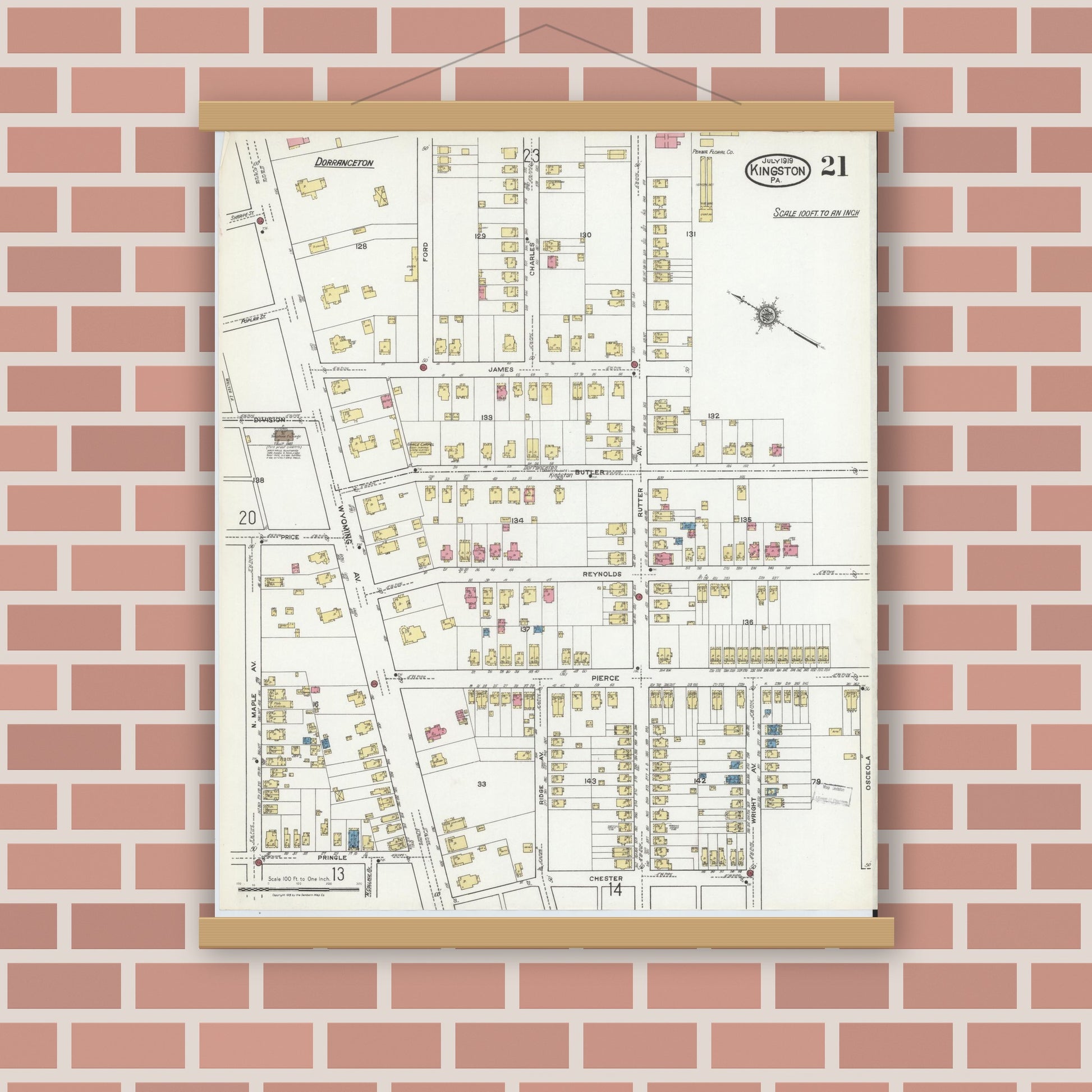 Old map wall art mockup — magnetic wood frame on brick wall — Sanborn Fire Insurance Map from Kingston, Luzerne County, Pennsylvania (1919), Sheet #0021
