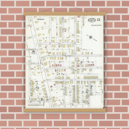Old map wall art mockup — magnetic wood frame on brick wall — Sanborn Fire Insurance Map from Kingston, Luzerne County, Pennsylvania (1919), Sheet #0021