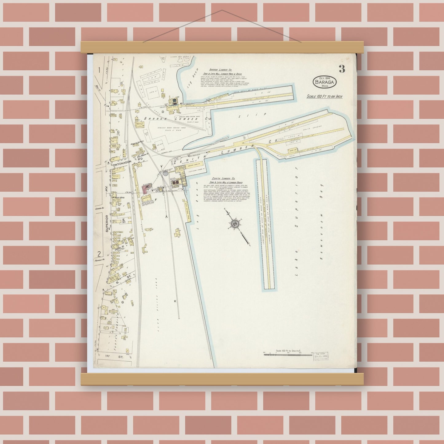 Old map wall art mockup — magnetic wood frame on brick wall — Sanborn Fire Insurance Map from Baraga, Baraga County, Michigan (1914), Sheet #0003