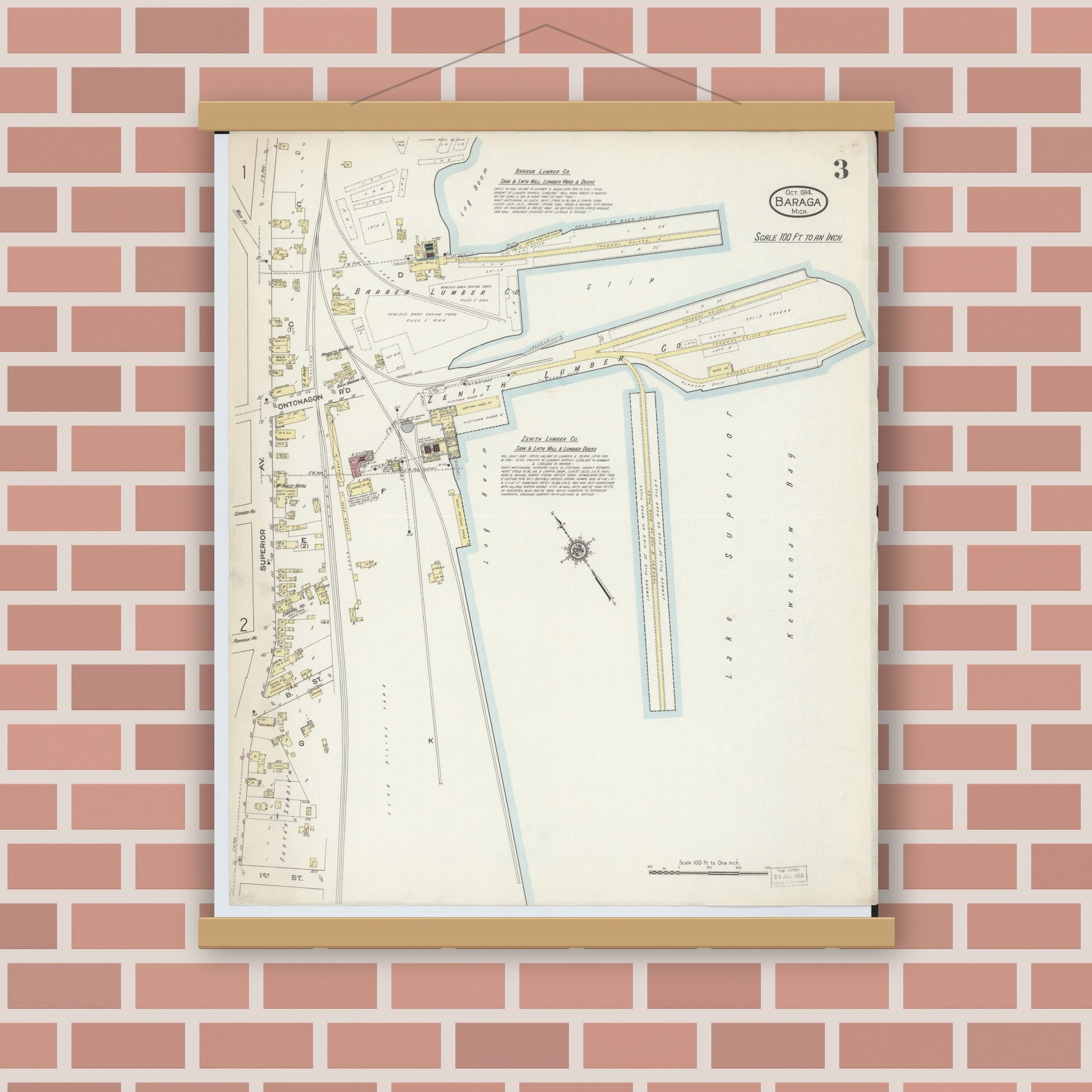 Old map wall art mockup — magnetic wood frame on brick wall — Sanborn Fire Insurance Map from Baraga, Baraga County, Michigan (1914), Sheet #0003