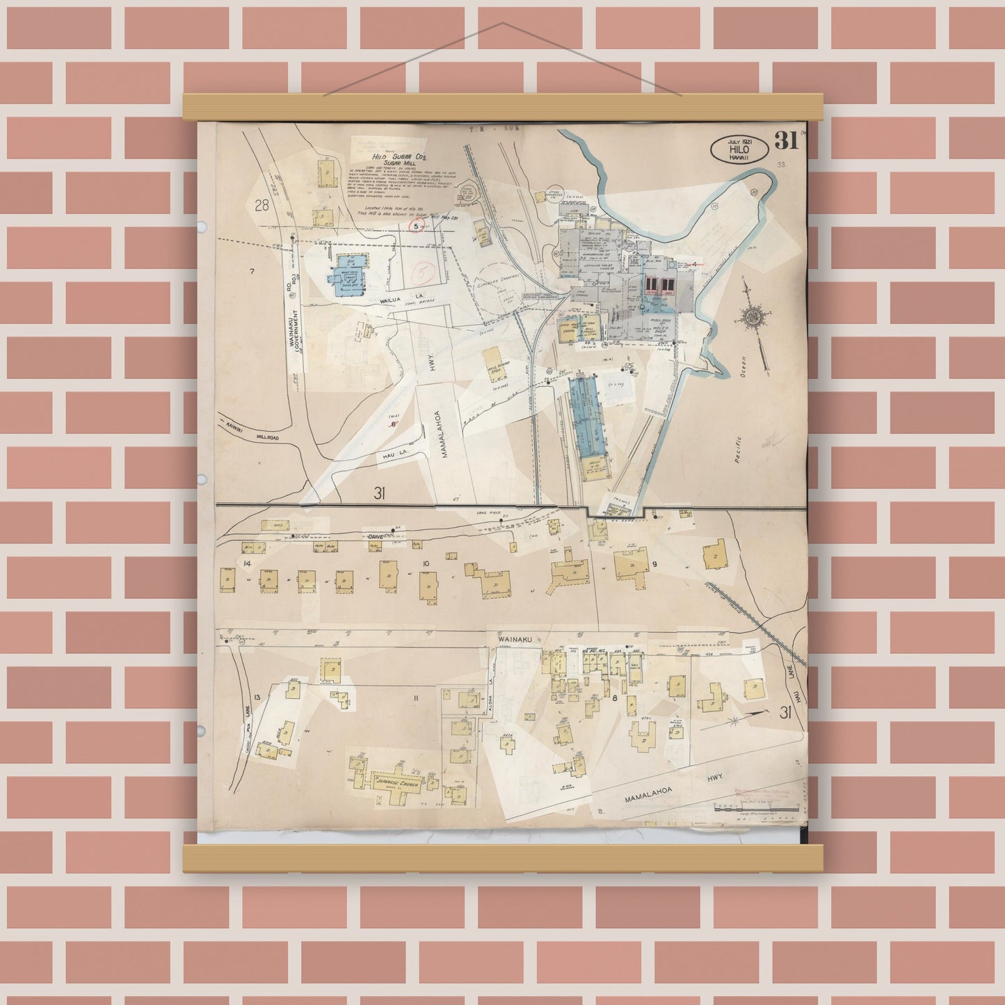 Old map wall art mockup — magnetic wood frame on brick wall — Sanborn Fire Insurance Map from Hilo, Hawaii County, Hawaii (1957), Sheet #0031