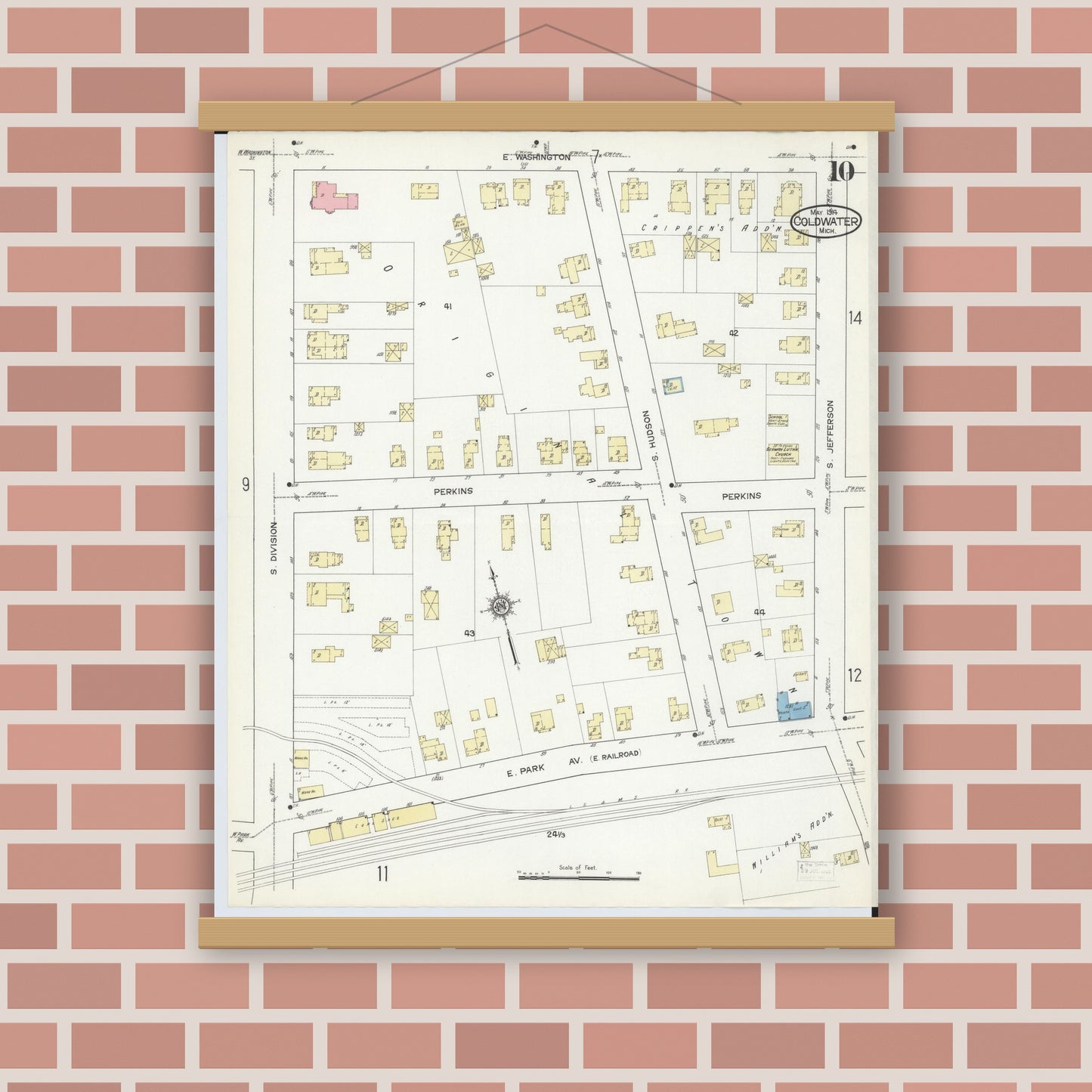 Old map wall art mockup — magnetic wood frame on brick wall — Sanborn Fire Insurance Map from Coldwater, Branch County, Michigan (1914), Sheet #0010