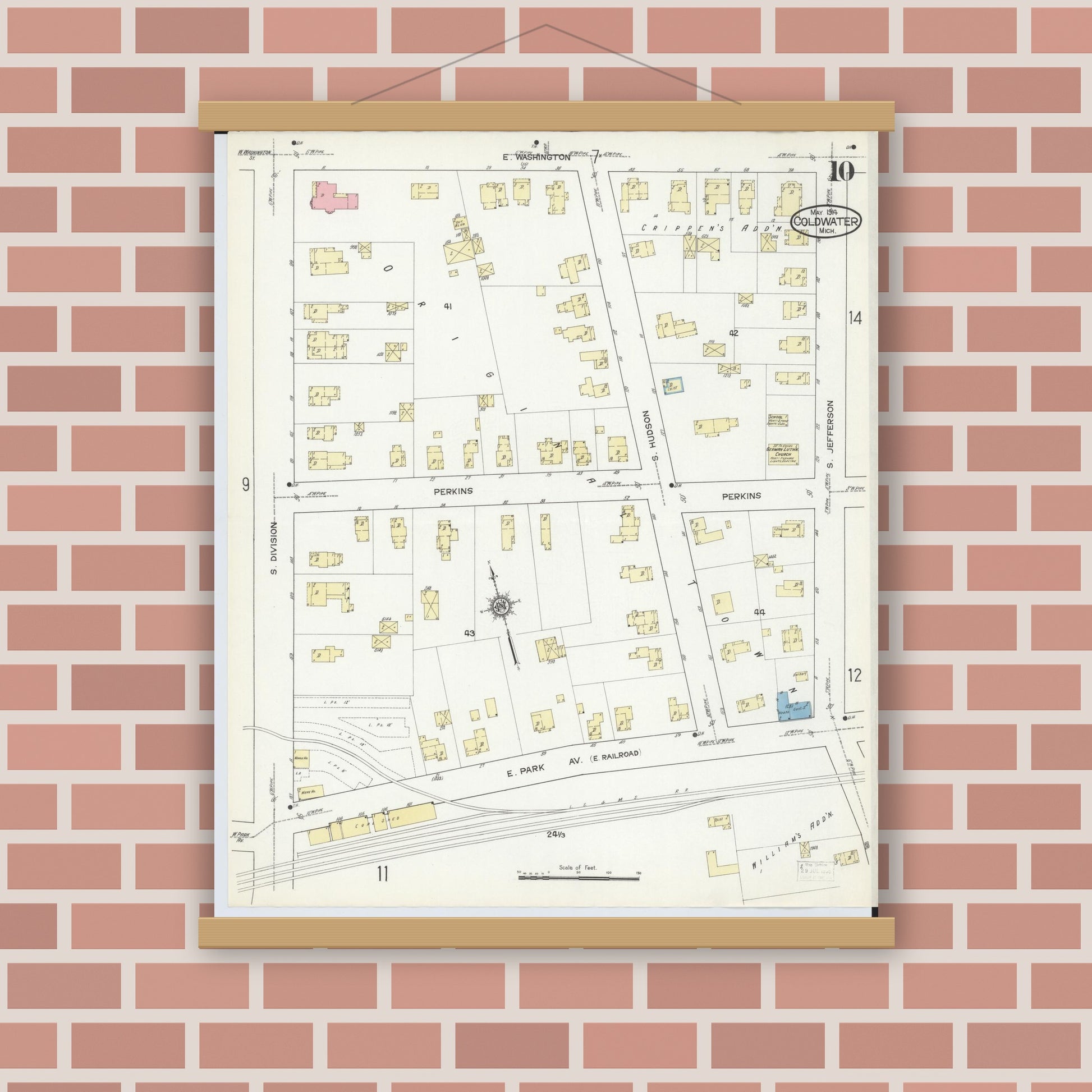 Old map wall art mockup — magnetic wood frame on brick wall — Sanborn Fire Insurance Map from Coldwater, Branch County, Michigan (1914), Sheet #0010