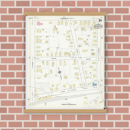 Old map wall art mockup — magnetic wood frame on brick wall — Sanborn Fire Insurance Map from Coldwater, Branch County, Michigan (1914), Sheet #0010