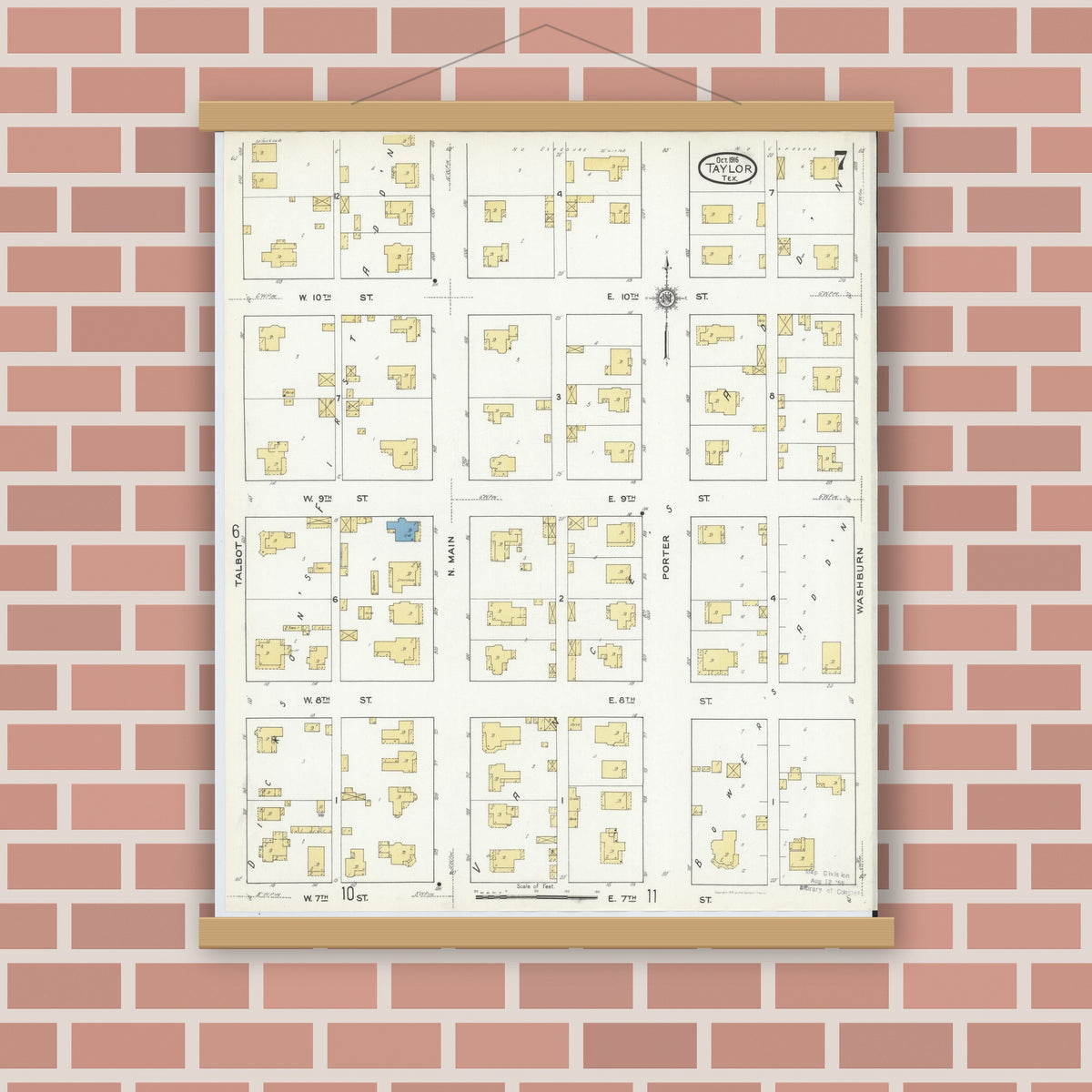 Old map wall art mockup — magnetic wood frame on brick wall — Sanborn Fire Insurance Map from Taylor, Williamson County, Texas (1916), Sheet #0007