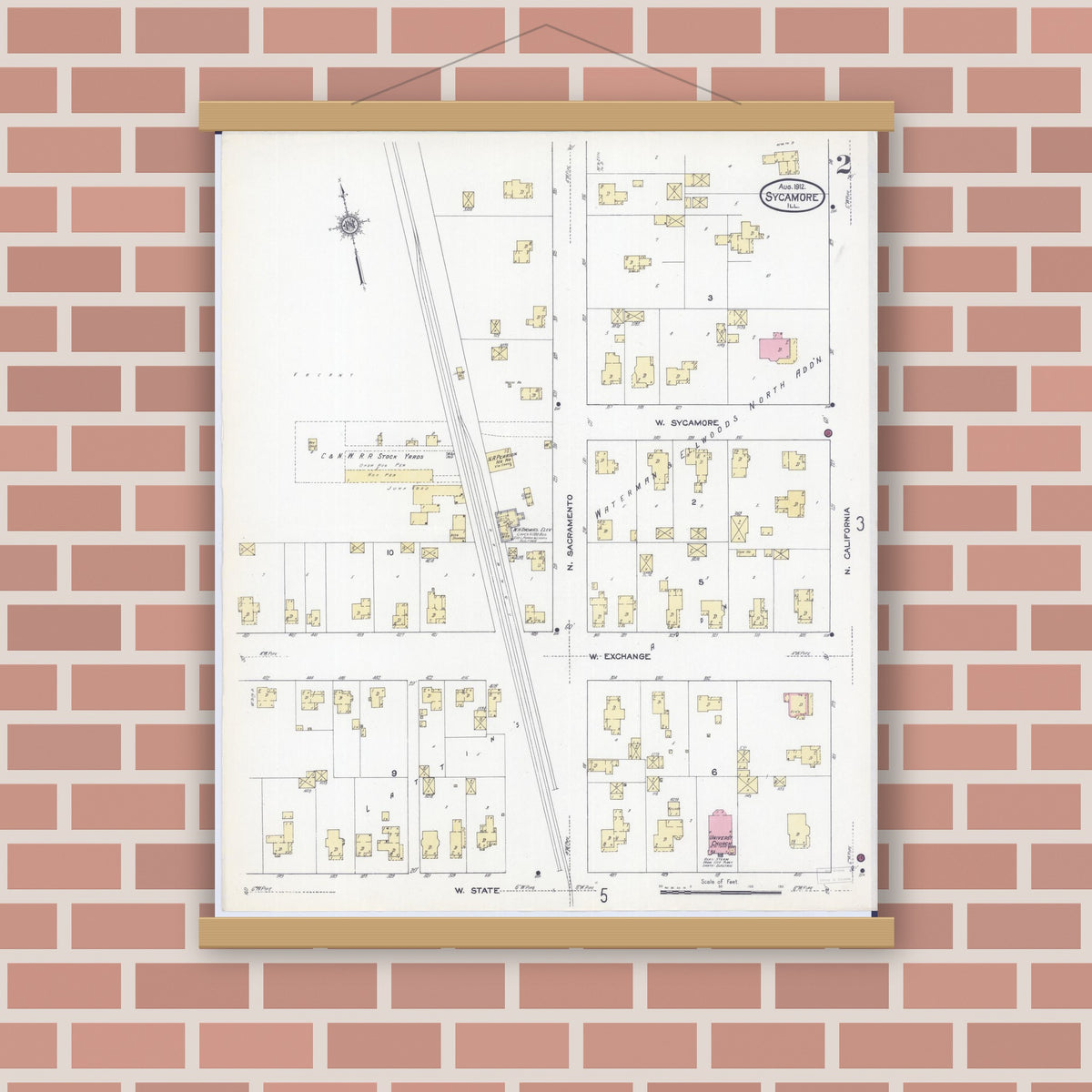 Old map wall art mockup — magnetic wood frame on brick wall — Sanborn Fire Insurance Map from Sycamore, De Kalb County, Illinois (1912), Sheet #0002