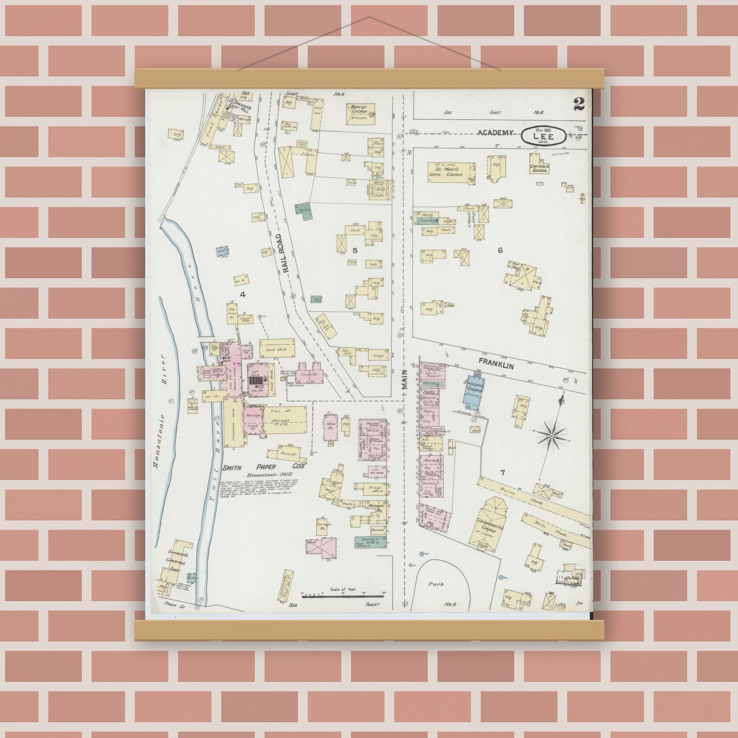 Old map wall art mockup — magnetic wood frame on brick wall — Sanborn Fire Insurance Map from Lee, Berkshire County, Massachusetts (1889), Sheet #0002