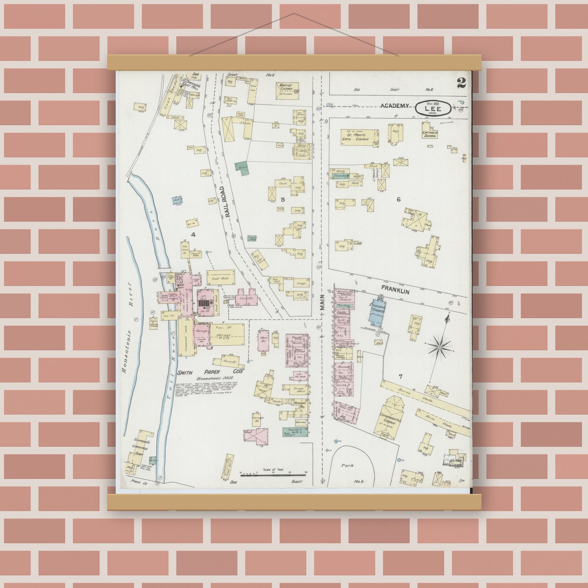 Old map wall art mockup — magnetic wood frame on brick wall — Sanborn Fire Insurance Map from Lee, Berkshire County, Massachusetts (1889), Sheet #0002