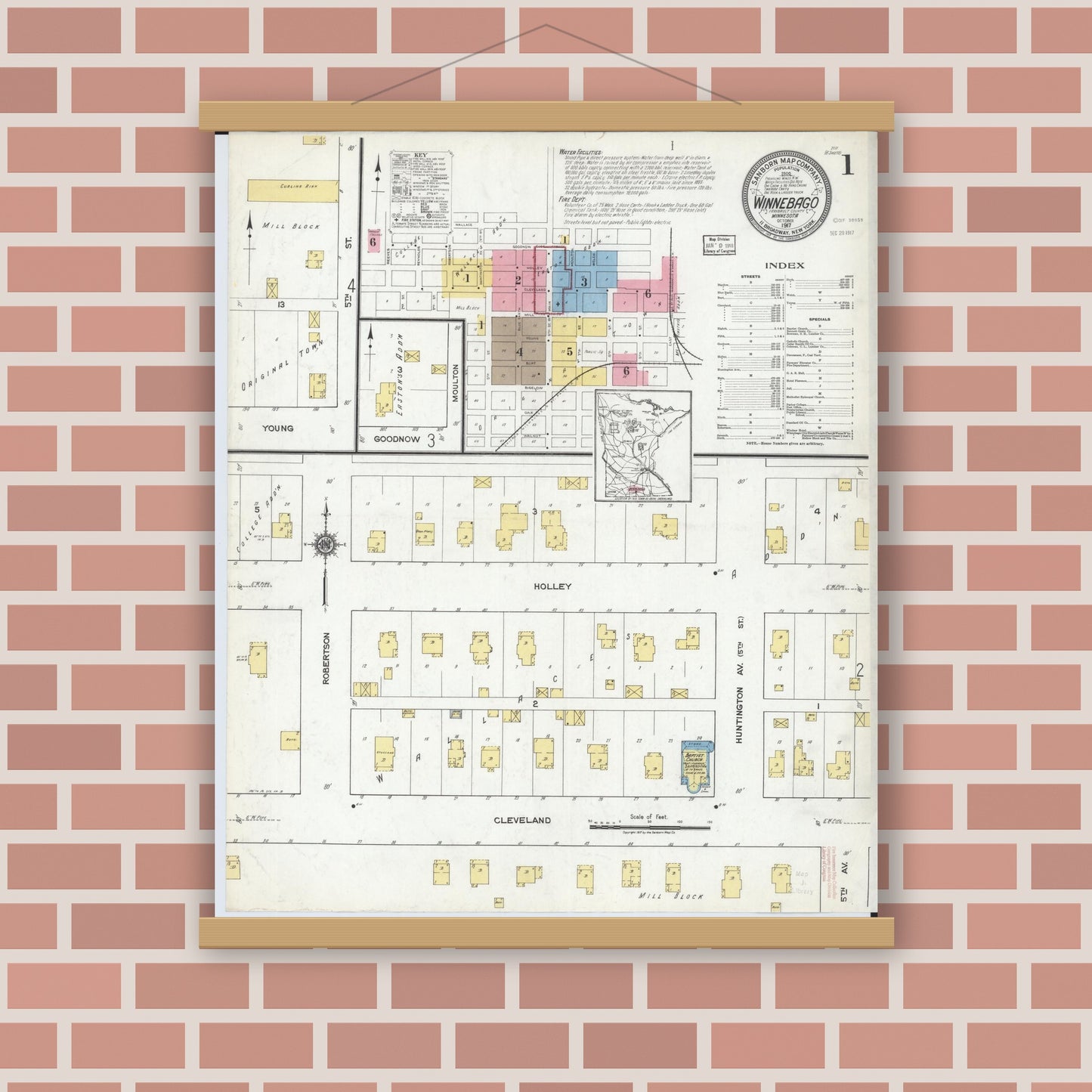 Old map wall art mockup — magnetic wood frame on brick wall — Sanborn Fire Insurance Map from Winnebago, Faribault County, Minnesota (1917), Sheet #0001