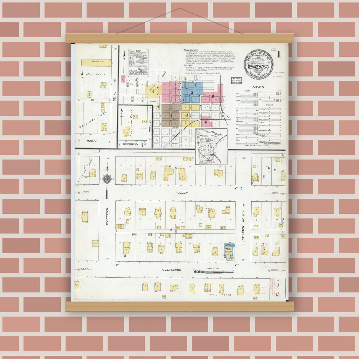 Old map wall art mockup — magnetic wood frame on brick wall — Sanborn Fire Insurance Map from Winnebago, Faribault County, Minnesota (1917), Sheet #0001