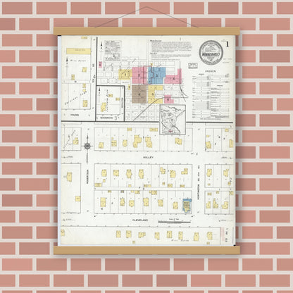 Old map wall art mockup — magnetic wood frame on brick wall — Sanborn Fire Insurance Map from Winnebago, Faribault County, Minnesota (1917), Sheet #0001