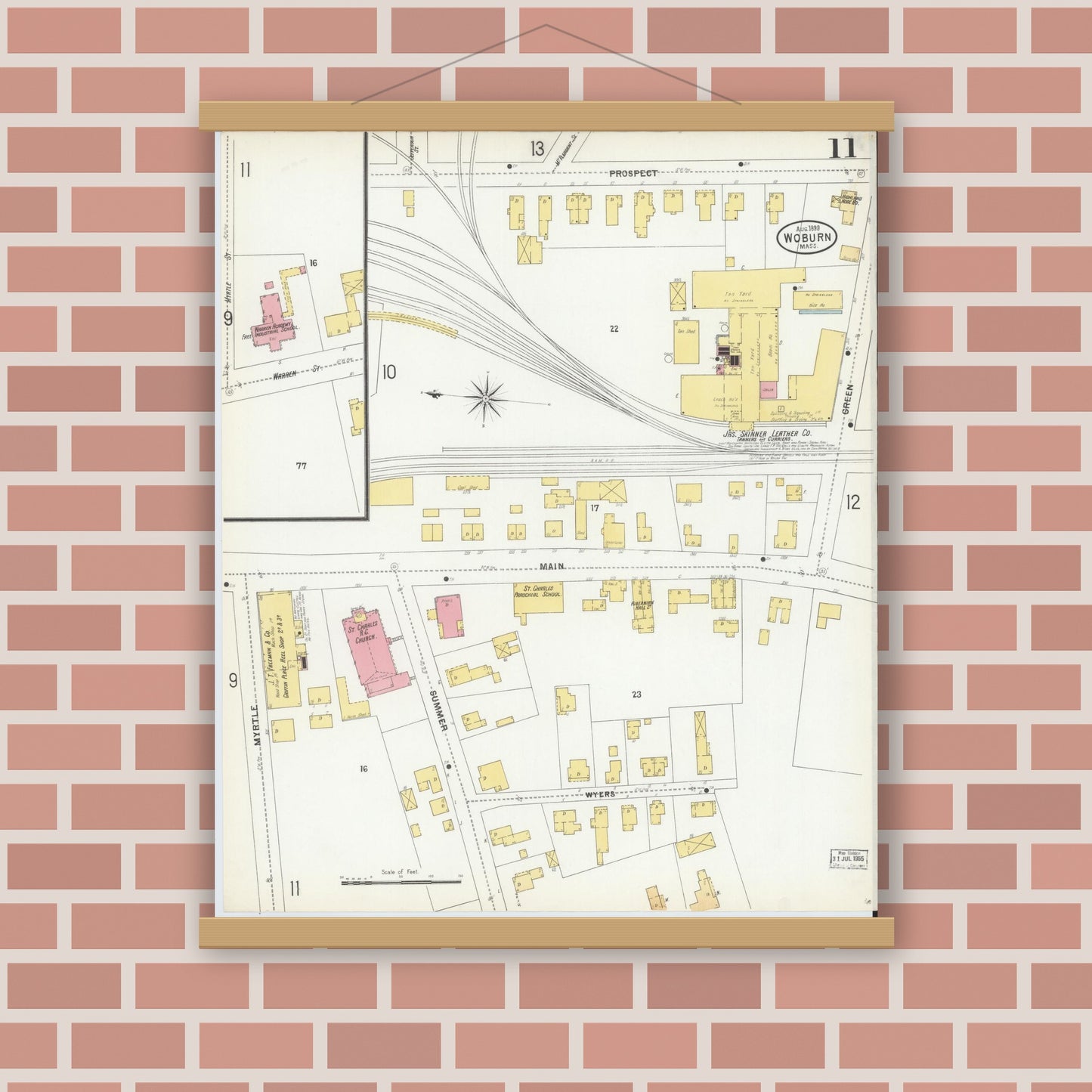 Old map wall art mockup — magnetic wood frame on brick wall — Sanborn Fire Insurance Map from Woburn, Middlesex County, Massachusetts (1899), Sheet #0011