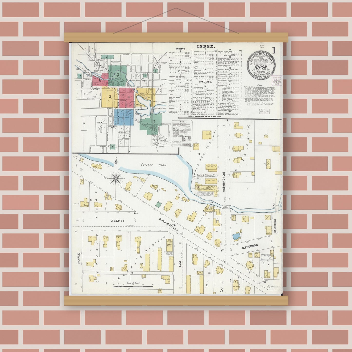 Old map wall art mockup — magnetic wood frame on brick wall — Sanborn Fire Insurance Map from Ripon, Fond du Lac County, Wisconsin (1904) - Complete Map Set