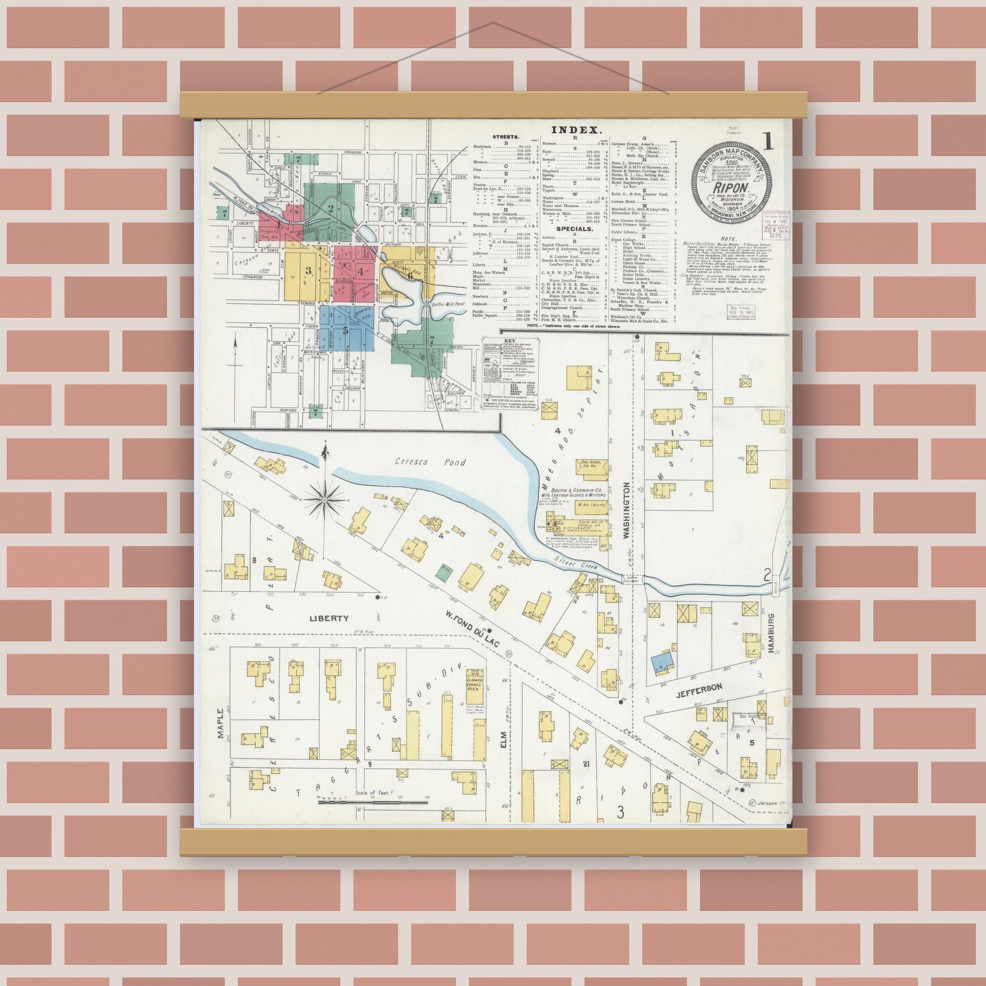 Old map wall art mockup — magnetic wood frame on brick wall — Sanborn Fire Insurance Map from Ripon, Fond du Lac County, Wisconsin (1904) - Complete Map Set