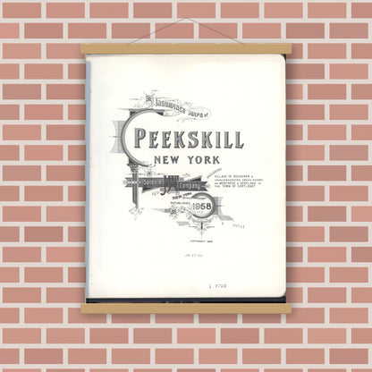 Old map wall art mockup — magnetic wood frame on brick wall — Sanborn Fire Insurance Map from Peekskill, Westchester County, New York (1958), Sheet #0001