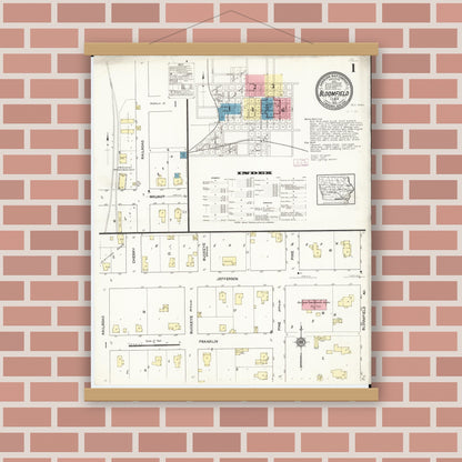Old map wall art mockup — magnetic wood frame on brick wall — Sanborn Fire Insurance Map from Bloomfield, Davis County, Iowa (1913), Sheet #0001