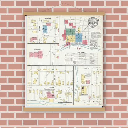 Old map wall art mockup — magnetic wood frame on brick wall — Sanborn Fire Insurance Map from Canal Dover, Tuscarawas County, Ohio (1907) - Complete Map Set