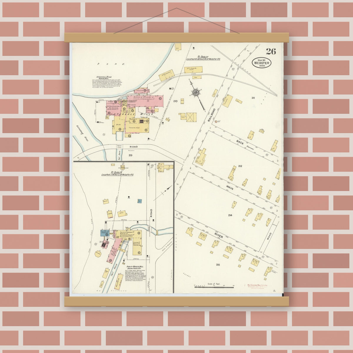 Old map wall art mockup — magnetic wood frame on brick wall — Sanborn Fire Insurance Map from Webster, Worcester County, Massachusetts (1911), Sheet #0026