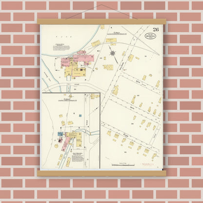 Old map wall art mockup — magnetic wood frame on brick wall — Sanborn Fire Insurance Map from Webster, Worcester County, Massachusetts (1911), Sheet #0026