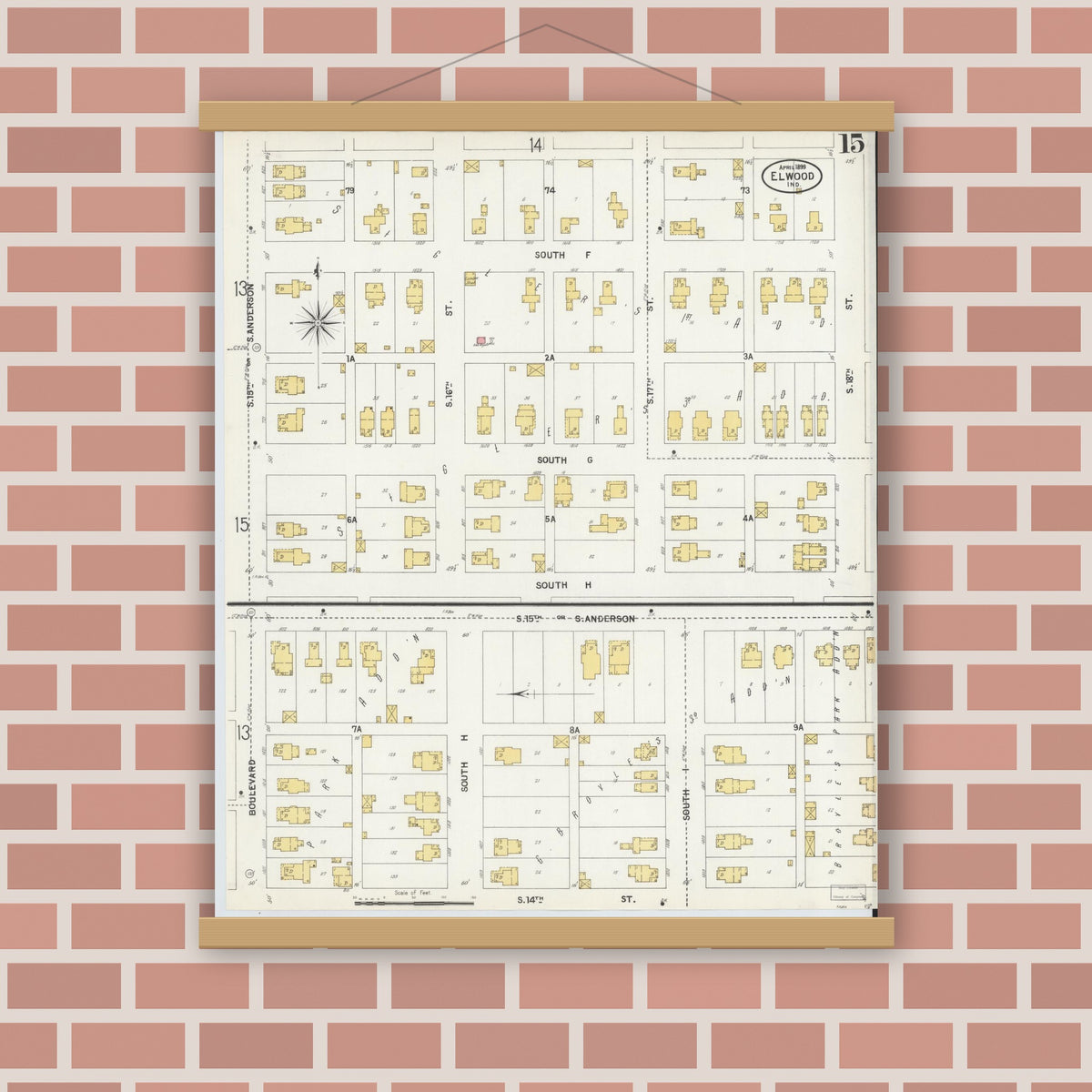 Old map wall art mockup — magnetic wood frame on brick wall — Sanborn Fire Insurance Map from Elwood, Madison County, Indiana (1899), Sheet #0015
