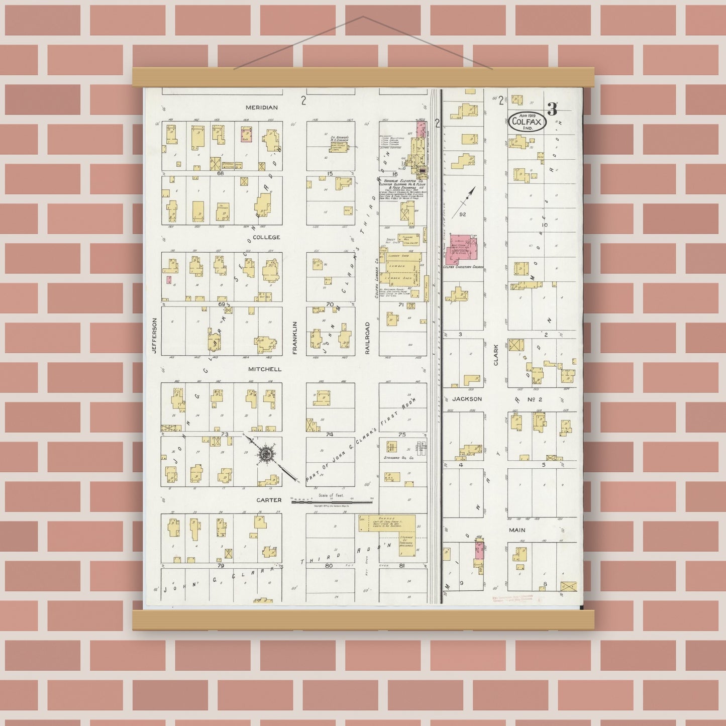Old map wall art mockup — magnetic wood frame on brick wall — Sanborn Fire Insurance Map from Colfax, Clinton County, Indiana (1919), Sheet #0003